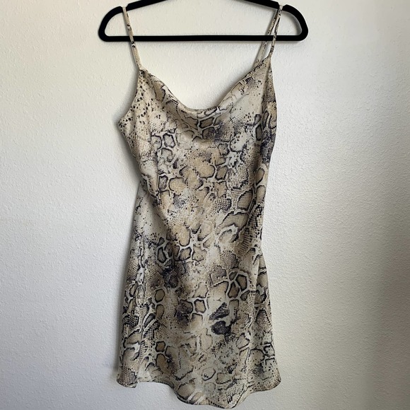 JOA Revolve Breanna Beige Snake Print Satin Cowl Neck Slip Dress - Picture 6 of 12